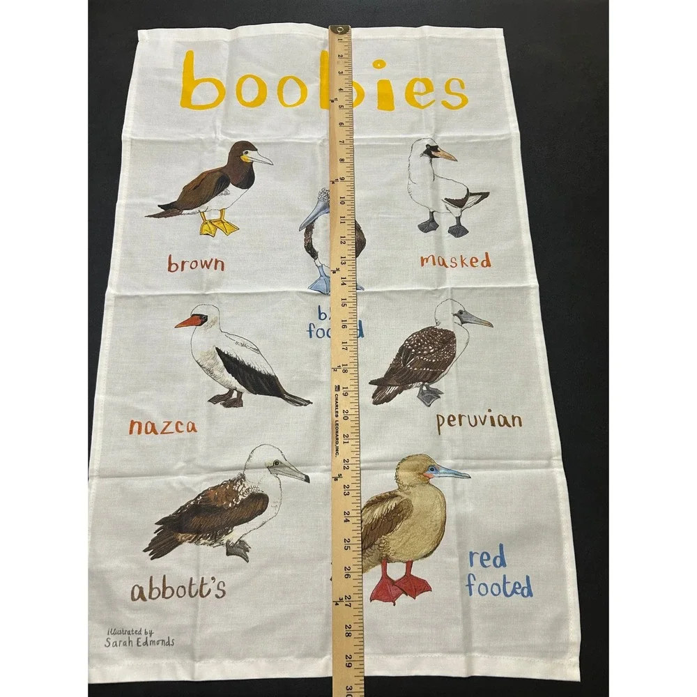 Sarah Edmonds Boobies Birds Tea Towel White Bird Pun Cotton UK Made Quirky Punny